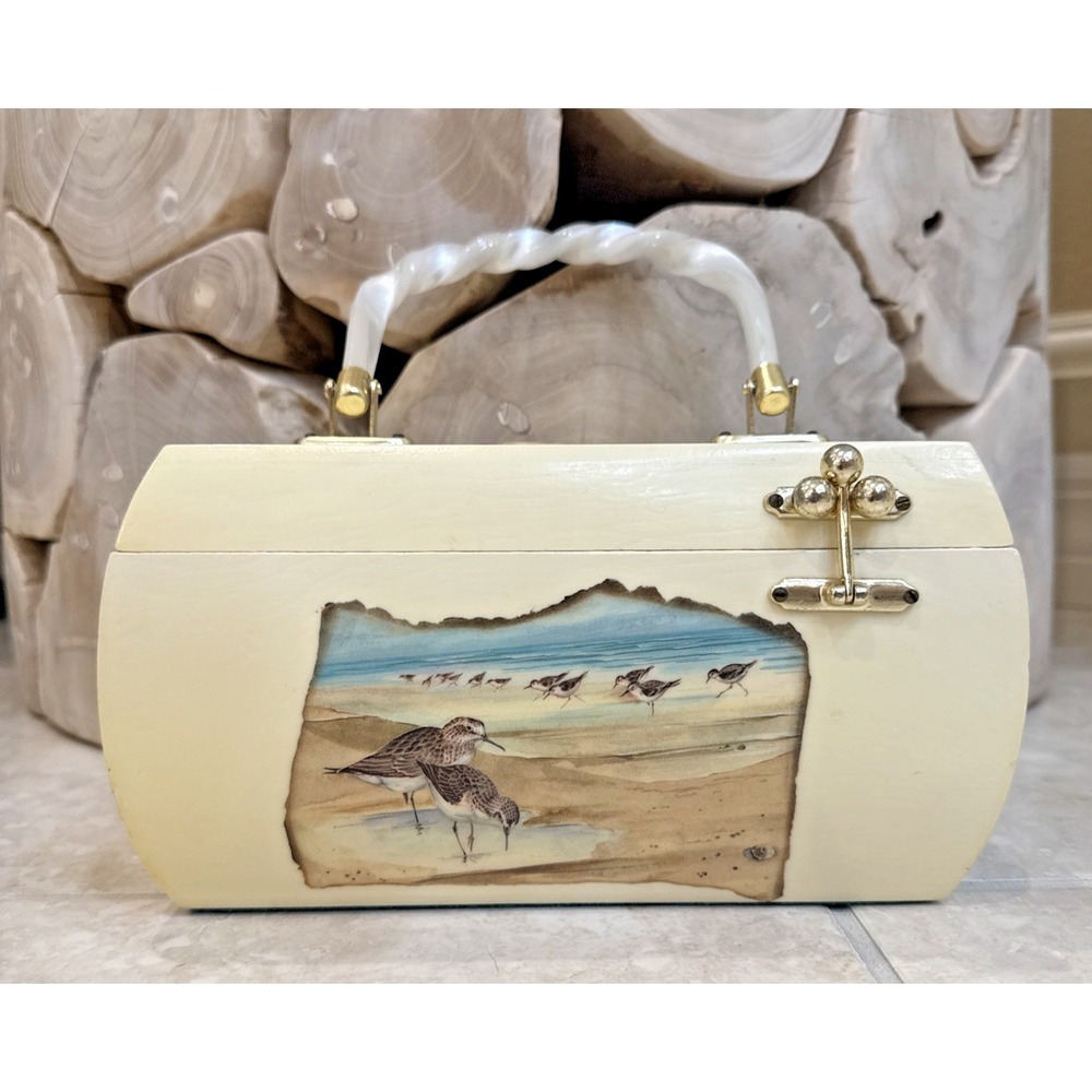 VTG Vicki Jean Decoupage Seagulls Seascape Wooden Box Purse Lucite Handel Felt